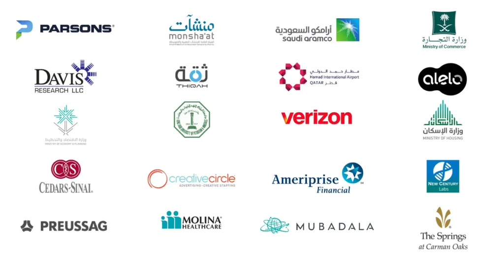 شعارات عملاء مِدرا للاستشارات ومنها بارسونز ومنشآت وأرامكو السعودية ووزارة التجارة وفيرايزون ومبادلة